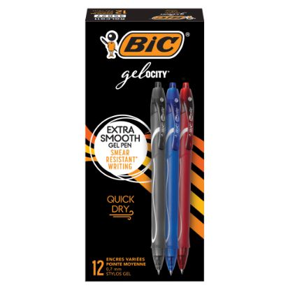 Picture of BIC Gel-ocity Quick Dry Retractable Gel Pens, Medium Point, 0.7 mm, Black/Blue/Red Barrels, Black/Blue/Red Inks, Pack Of 12