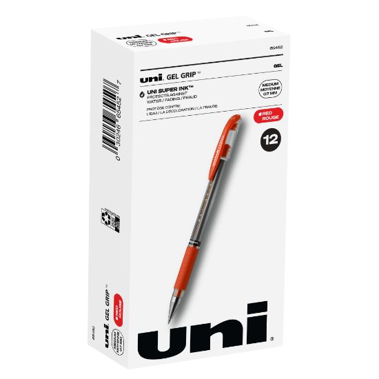 Picture of uni-ball Gel Grip Pens, Medium Point, 0.7 mm, Clear Barrel, Red Ink, Pack Of 12