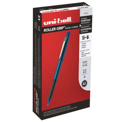 Picture of uni-ball Grip Rollerball Pens, Micro Point, 0.5 mm, Blue Barrel, Blue Ink, Pack Of 12