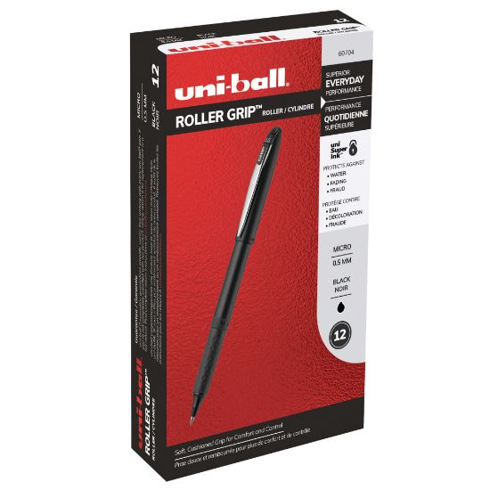 Picture of uni-ball Grip Rollerball Pens, Micro Point, 0.5 mm, Black Barrels, Black Ink, Pack Of 12