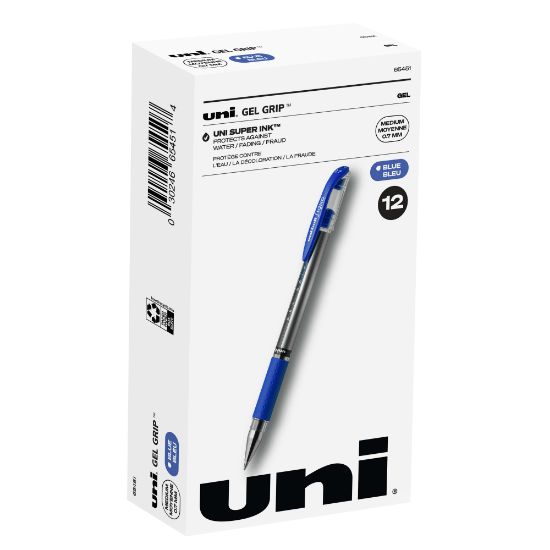 Picture of uni-ball Gel Grip Pens, Medium Point, 0.7 mm, Clear Barrel, Blue Ink, Pack Of 12