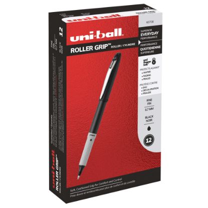 Picture of uni-ball Grip Rollerball Pens, Fine Point, 0.7 mm, Black Barrel, Black Ink, Pack Of 12