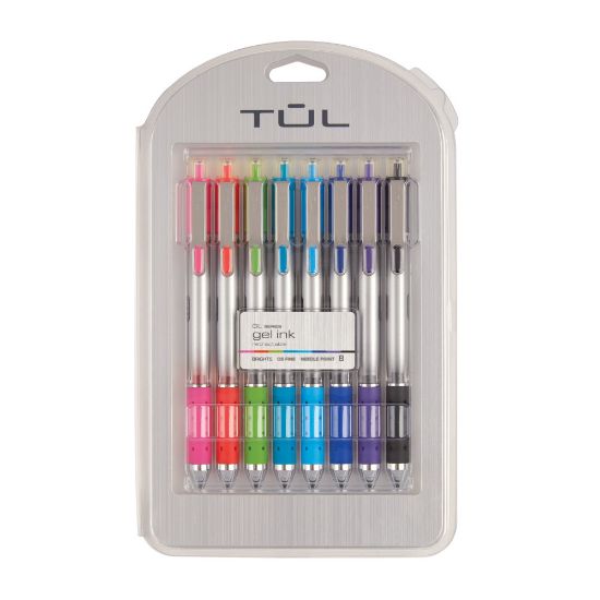 Picture of TUL GL Series Retractable Gel Pens, Needle Point, 0.5 mm, Silver Barrel, Assorted Bright Inks, Pack Of 8 Pens