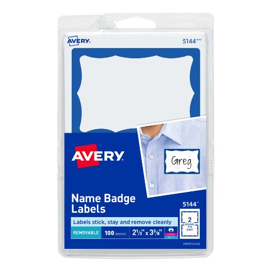 Picture of Avery Name Tags, 05144, 2-1/3in x 3-3/8in, White With Blue Border, 100 Removable Name Badges