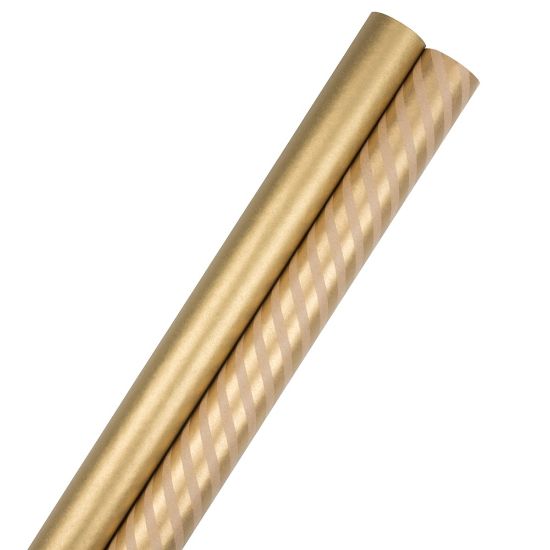 Picture of JAM Paper Wrapping Paper, Stripes & Solids Combo, 25 Sq Ft Each, Gold, 2/Pack