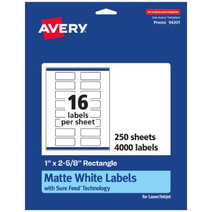 Picture of Avery Permanent Labels With Sure Feed, 94201-WMP250, Rectangle, 1in x 2-5/8in, White, Pack Of 4,000