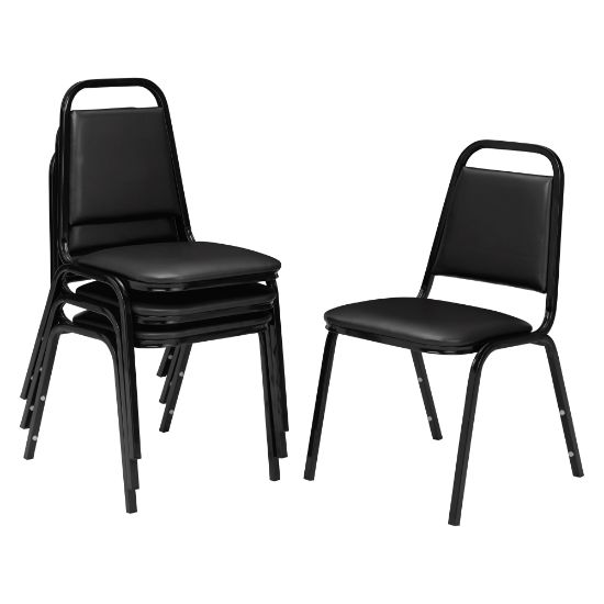 Picture of National Public Seating Square Back Padded Vinyl Seat, Banquet Stack Chair, 15 3/4in Seat Width, Black Seat/Black Frame, Set of 4