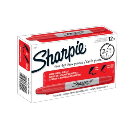 Picture of Sharpie Twin-Tip Permanent Markers, Fine/Ultra Fine Points, Red, Pack Of 12