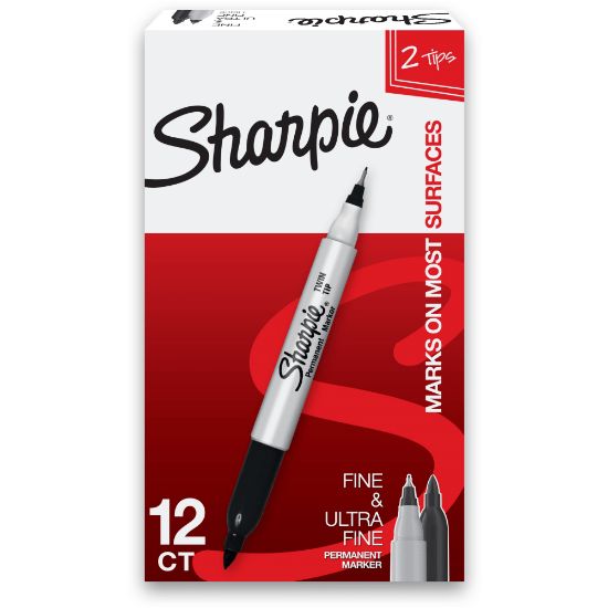 Picture of Sharpie Twin-Tip Permanent Markers, Fine/Ultra Fine Points, Black, Pack Of 12