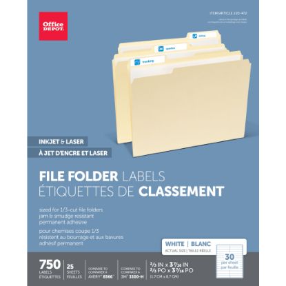 Picture of Office Depot Brand Permanent File Folder Labels, Rectangle, 2/3in x 3 7/16in, White, Pack Of 750