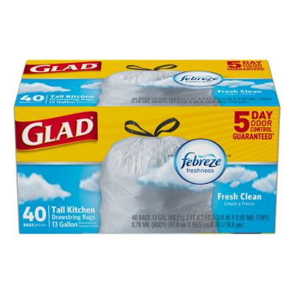 Picture of Glad ForceFlex Tall Kitchen Drawstring Trash Bags - Fresh Clean with Febreze Freshness - 13 gal Capacity - 24in Width x 27.38in Length - 1.05 mil (27 Micron) Thickness - Drawstring Closure - White - 6/Carton - 40 Per Box - Kitchen