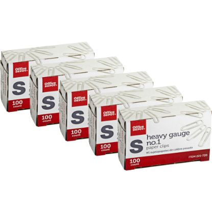 Picture of Office Depot Brand Heavy Gauge Paper Clips, No. 1, Small, Silver, Pack Of 5 Boxes, 100 Clips Per Box, 500 Total