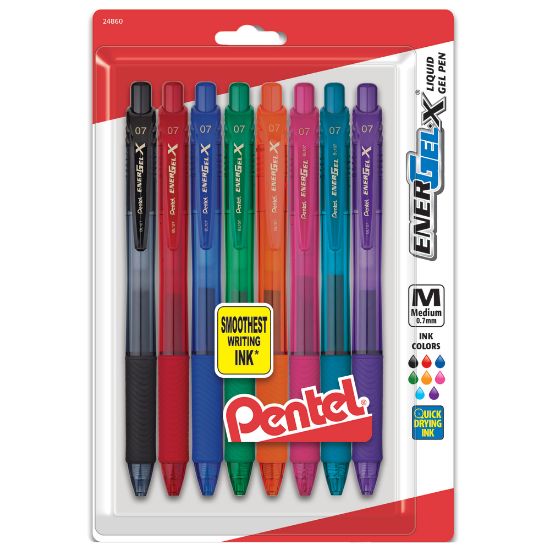 Picture of Pentel EnerGel-X RollerGel Pens, Medium Point, 0.7 mm, 84% Recycled, Assorted Barrels, Assorted Ink Colors, Pack Of 8 Pens