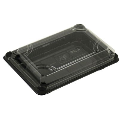 Picture of Stalk Market Compostable Food Trays, With Lids, 7in x 4 7/8in x 1 3/4in, Clear Lids/Black Trays, Pack of 300