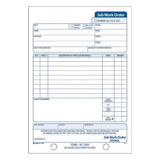 Picture of Adams Carbonless Job Work Order Book, 5 9/16in x 8 7/16in, 3-Part, White/Canary/White Tag