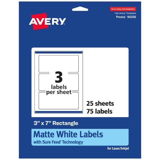 Picture of Avery Permanent Labels With Sure Feed, 94250-WMP25, Rectangle, 3in x 7in, White, Pack Of 75