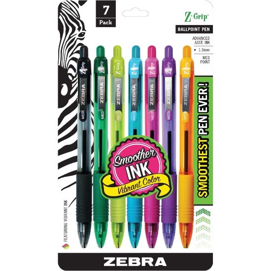 Picture of Zebra Pen Z-Grip Retractable Ballpoint Pens, Pack Of 7, Medium Point, 1.0 mm, Translucent Barrel, Assorted Ink Colors