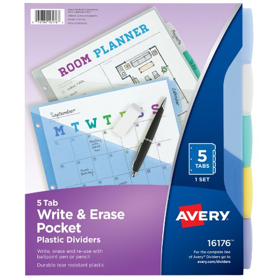 Picture of Avery Write & Erase Pocket Plastic Dividers For 3 Ring Binders, 9-1/4in x 11-1/4in, 5-Tab Set, Multicolor, 1 Set