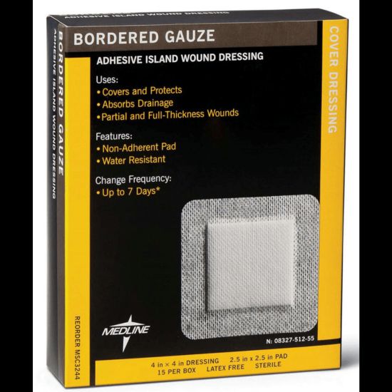 Picture of Medline Sterile Border Gauze Pads, 4in x 4in, White, 15 Pads Per Box, Case Of 10 Boxes