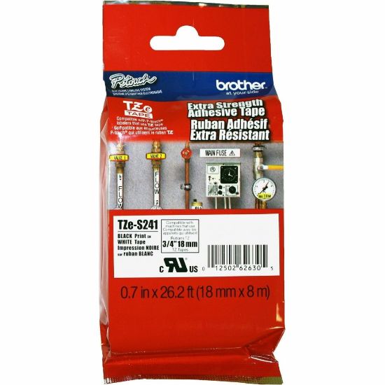 Picture of Brother Extra Strength Adhesive 3/4in Lamntd Tapes - 45/64in Width x 26 1/4 ft Length - Thermal Transfer - White, Black - Polyethylene - 1 Each