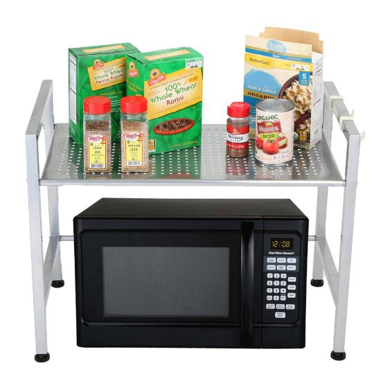 Picture of Mind Reader Metal-Top Microwave Shelf Counter Unit With 2 Hooks, Silver