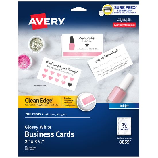 Picture of Avery Clean Edge Printable Business Cards With Sure Feed Technology For Inkjet Printers, 2in x 3.5in, Glossy White, 200 Blank Cards