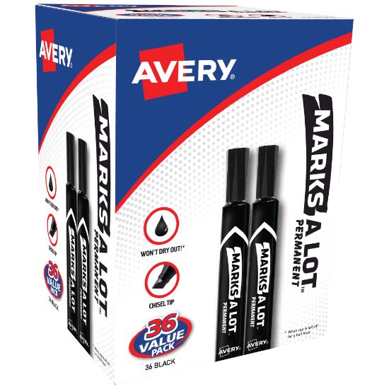 Picture of Avery Marks A Lot Permanent Markers, Chisel Tip, Large Desk-Style Size, Black, Pack Of 36