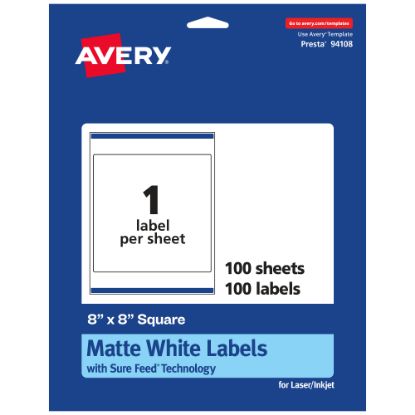 Picture of Avery Permanent Labels With Sure Feed, 94108-WMP100, Square, 8in x 8in, White, Pack Of 100