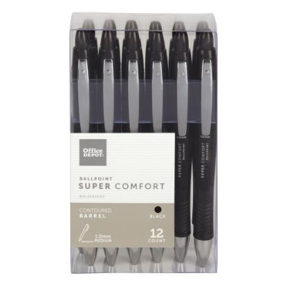 Picture of Office Depot Brand Super Comfort Grip Retractable Ballpoint Pens, Medium Point, 1.0 mm, Black Barrel, Black Ink, Pack Of 12