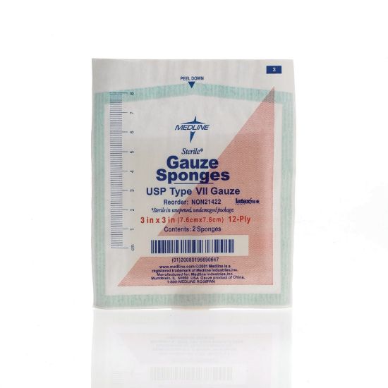 Picture of Medline Sterile Woven Gauze Sponges, 12-Ply, 3in x 3in, White, Box Of 80