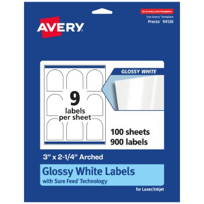 Picture of Avery Glossy Permanent Labels With Sure Feed, 94126-WGP100, Arched, 3in x 2-1/4in, White, Pack Of 900