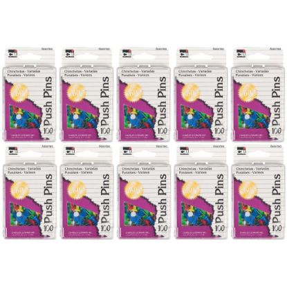 Picture of Charles Leonard Pushpins, 7/16in, Assorted Colors, 100 Pushpins Per Box, Pack Of 10 Boxes