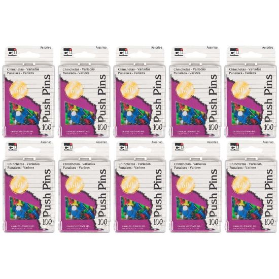 Picture of Charles Leonard Pushpins, 7/16in, Assorted Colors, 100 Pushpins Per Box, Pack Of 10 Boxes