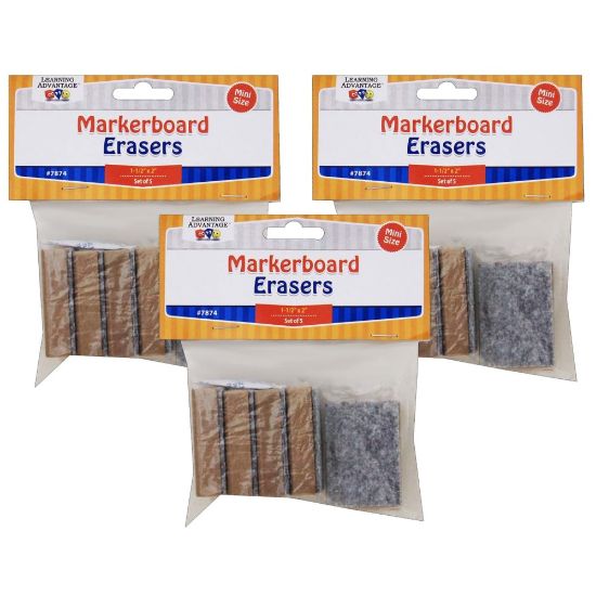 Picture of Learning Advantage Mini Markerboard Erasers, Brown/Gray, 2in x 1-1/2in, 5 Erasers Per Pack, Set Of 3 Packs