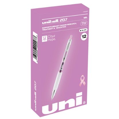 Picture of uni-ball 207 Pink Ribbon Retractable Fraud Prevention Gel Pens, Medium Point, 0.7 mm, Pink Barrels, Black Ink, Pack Of 12