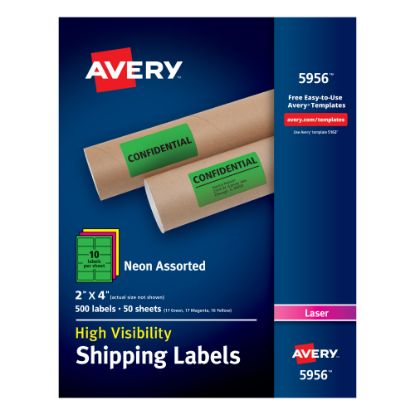 Picture of Avery High-Visibility Permanent Shipping Labels, 5956, 2in x 4in, Assorted Colors, Pack Of 500