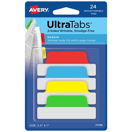 Picture of Avery Margin Ultra Tabs, 2.5in x 1in, Assorted Primary, Set Of 24 Repositionable Tabs