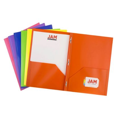 Picture of JAM Paper Plastic 2-Pocket POP Folders With Prongs, Letter Size, 9-1/2in x 11-1/2in, Assorted Primary Colors, Pack Of 6 Folders