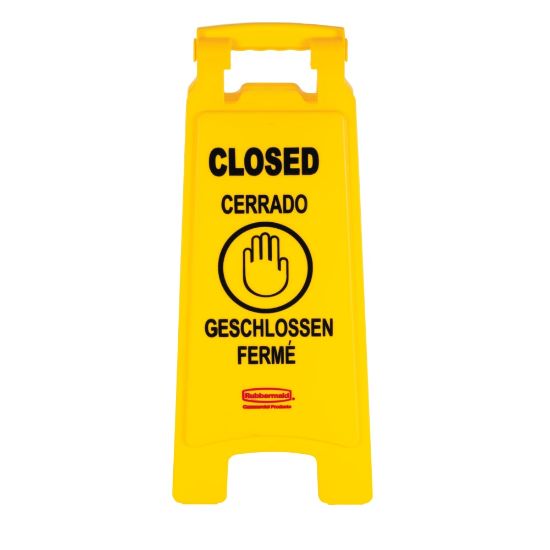 Picture of Rubbermaid Commercial Closed Multi-Lingual Floor Sign - CLOSED Print/Message - 11in x 25in - Rectangular Shape - Yellow