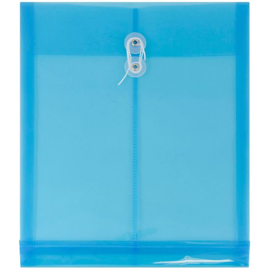 Picture of JAM Paper Open-End Plastic Envelopes, Letter-Size, 9 3/4in x 11 3/4in, Button & String Closure, Blue, Pack Of 12