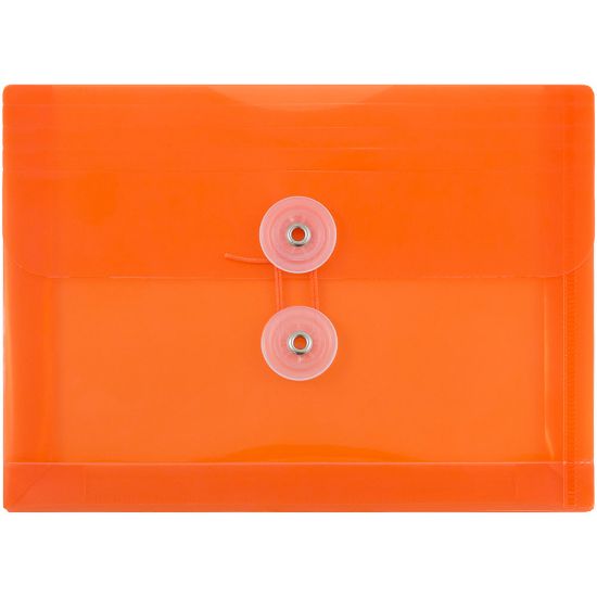 Picture of JAM Paper Index Booklet Plastic Envelopes, 5 1/2in x 7 1/2in, Button & String Closure, Orange, Pack Of 12