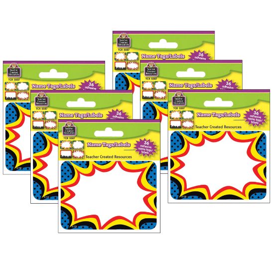 Picture of Teacher Created Materials Name Tags, Superhero, 2-1/2inH x 3-1/2inW, 36 Name Tags Per Pack, Set Of 6 Packs