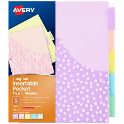 Picture of Avery Dividers For 3 Ring Binders, 5-Tab Binder Dividers, Plastic Binder Dividers With Pockets, Insertable Big Tab, Pastel Classic Designs, 1 Set (07714)