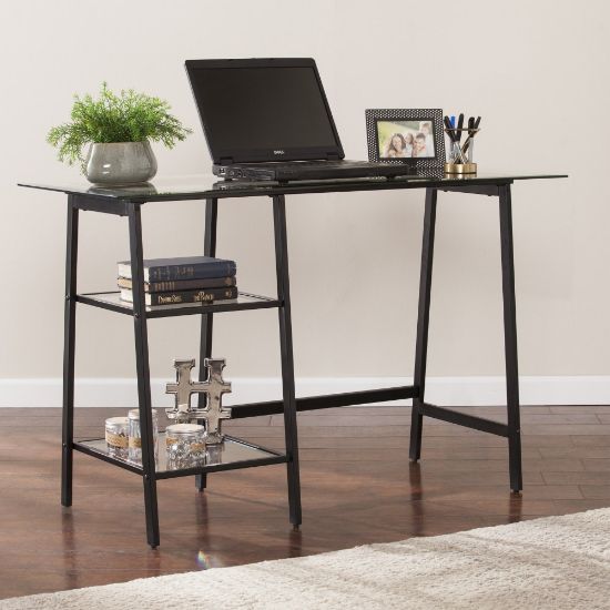 Picture of SEI Furniture Avery Metal Glass Sawhorse A-Frame 46inW Writing Desk, Black