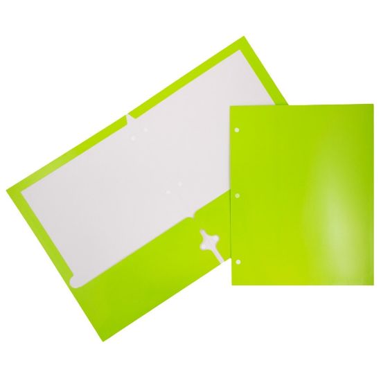 Picture of JAM Paper Glossy 3-Hole-Punched 2-Pocket Presentation Folders, Lime Green, Pack of 6