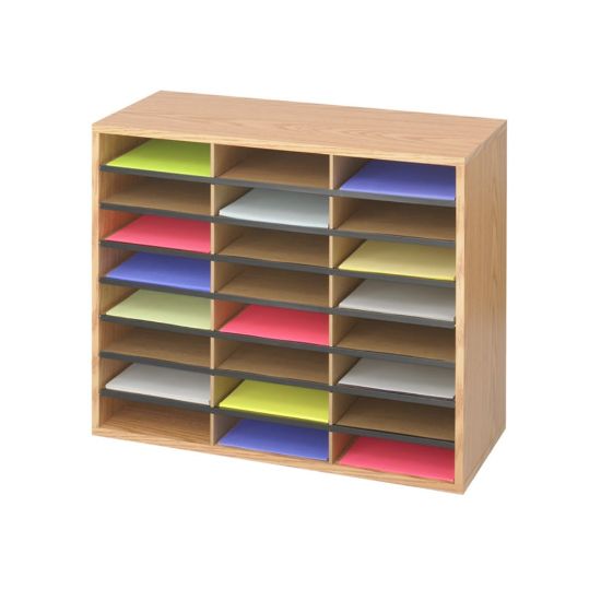 Picture of Safco Laminte Literature Organizer - 24 Compartment(s) - Compartment Size 2.50in x 9in x 11.75in - 23.5in Height x 29in Width x 12in DepthFloor - Laminate - Medium Oak - Particleboard - 1 Each