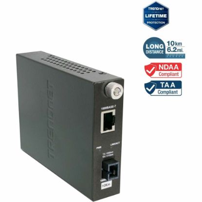 Picture of TRENDnet Intelligent 1000Base-T to 1000Base-LX Dual Wavelength Single Mode SC Fiber Media Converter (10km/6.2miles) Fiber to Ethernet Converter; Fiber Port; RJ-45; Lifetime Protection; TFC-1000S10D5 - 1000Base-T to 1000Base-LX Fiber Converter (10km)