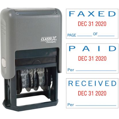 Picture of Xstamper Self-Inking Paid/Faxed/Received Dater - Message/Date Stamp - "PAID, FAXED, RECEIVED" - 0.93in Impression Width x 1.75in Impression Length - Blue, Red - Plastic - 1 Each