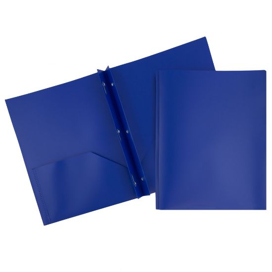 Picture of JAM Paper Plastic 2-Pocket POP Folders with Metal Prongs Fastener Clasps, 9 1/2in x 11 1/2in, Deep Blue, Pack Of 6