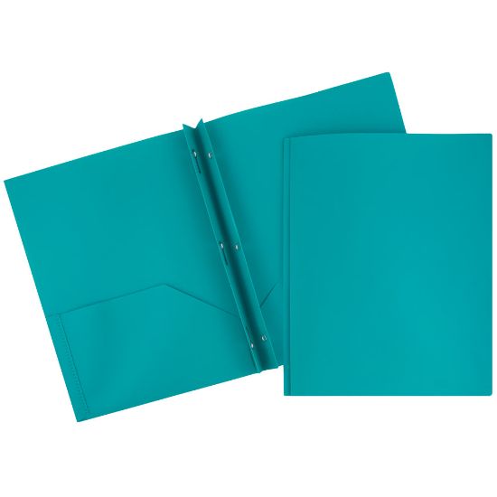 Picture of JAM Paper Plastic 2-Pocket POP Folders with Metal Prongs Fastener Clasps, 9 1/2in x 11 1/2in, Teal, Pack Of 6